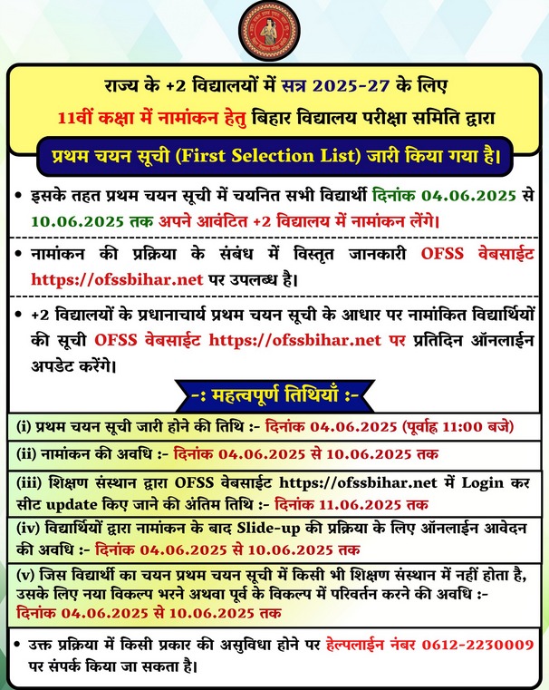 OFSS Bihar 11th 1st Merit List 2025